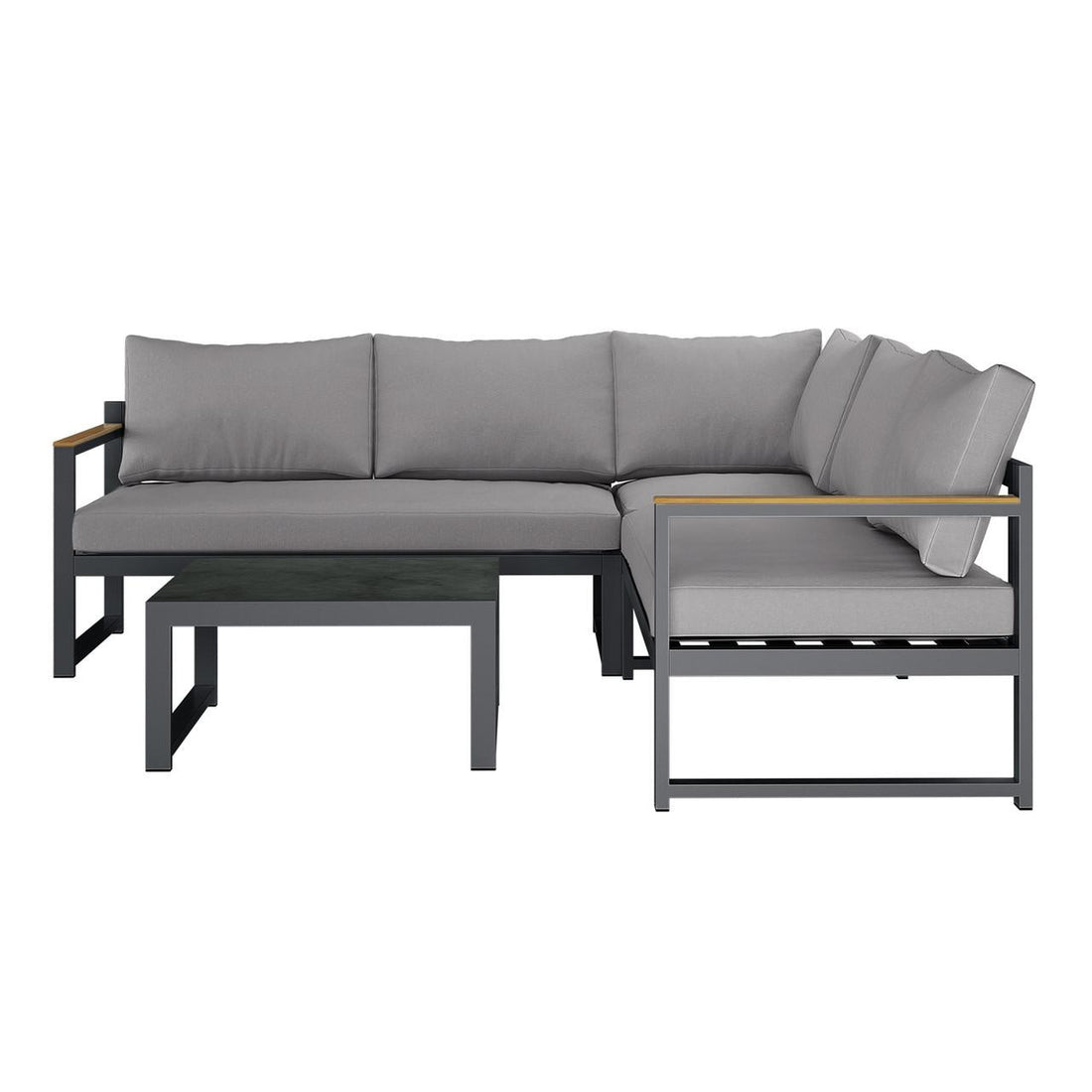 Deloran 5-Seater Modular Corner Aluminium Outdoor Lounge Set features a modern L-shaped sofa with a dark metal frame, light gray cushions, wood-accented armrests, and a matching coffee table.