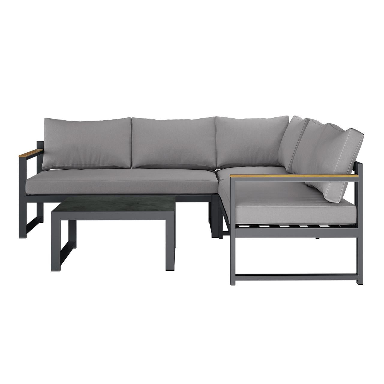 Deloran 5-Seater Modular Corner Aluminium Outdoor Lounge Set features a modern L-shaped sofa with a dark metal frame, light gray cushions, wood-accented armrests, and a matching coffee table.