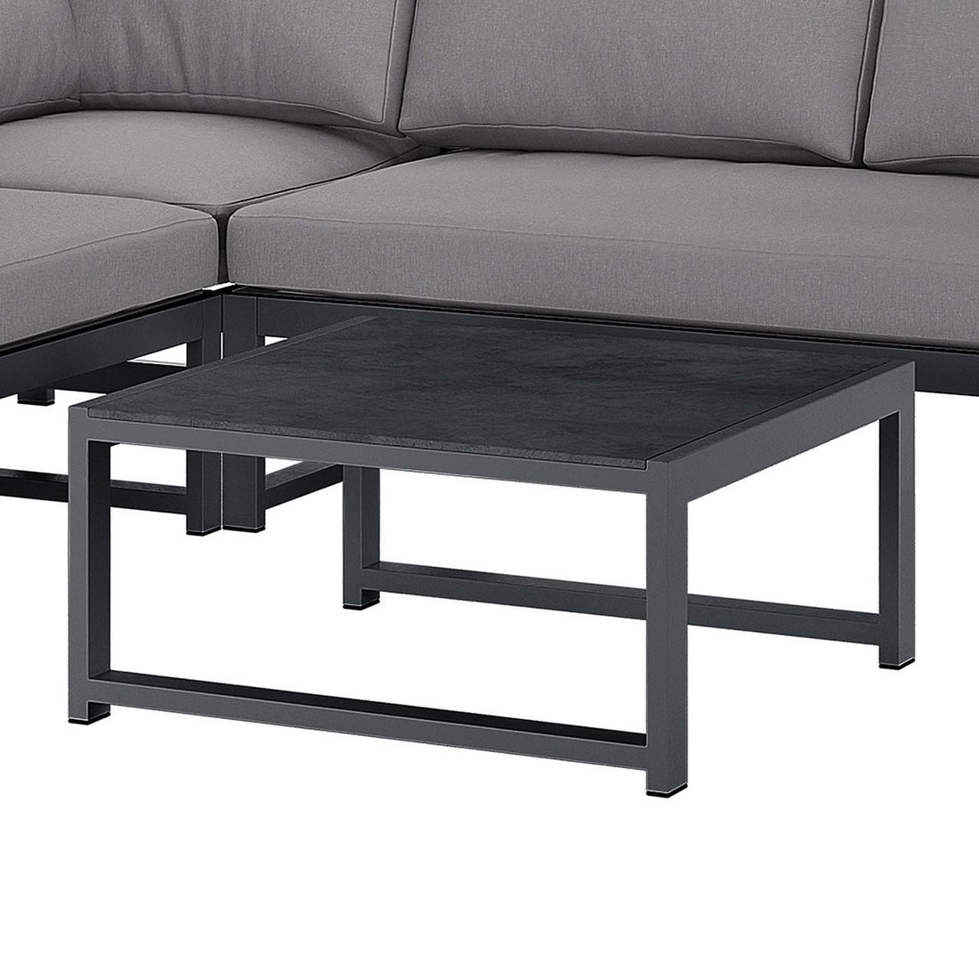 Deloran 5-Seater Modular Corner Aluminium Outdoor Lounge Set Grey features a low, square coffee table with a dark top and slim metal frame, paired with a light gray-cushioned L-shaped sofa.