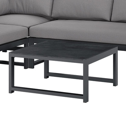 Deloran 5-Seater Modular Corner Aluminium Outdoor Lounge Set Grey features a low, square coffee table with a dark top and slim metal frame, paired with a light gray-cushioned L-shaped sofa.