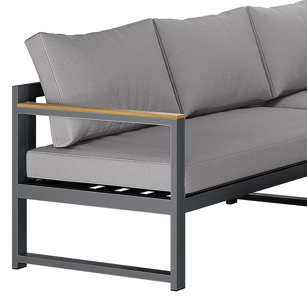 Deloran 5-Seater Modular Corner Aluminium Outdoor Lounge Set Grey features a dark gray metal frame, light gray cushions, and a narrow wood-trim armrest, perfect for stylish outdoor seating.
