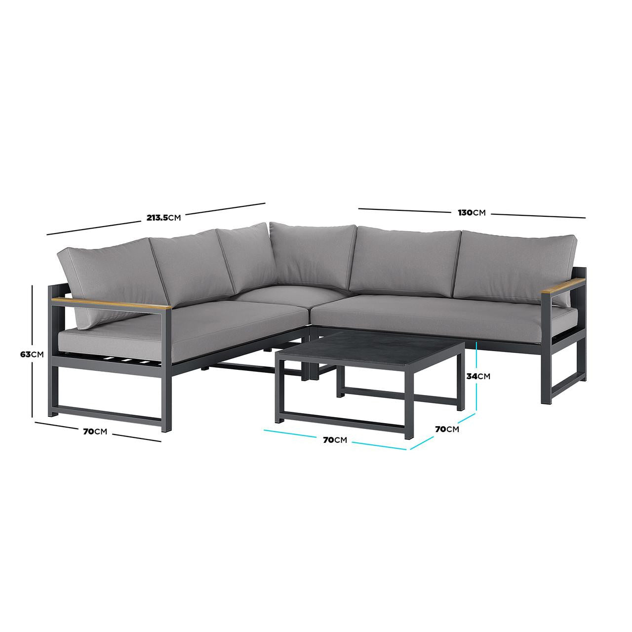 Deloran 5-Seater Modular Corner Aluminium Outdoor Lounge Set Grey featuring an L-shaped, metal-framed sectional sofa with grey cushions and a square coffee table, ideal for corner or patio seating.