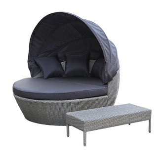 Erith Wicker Outdoor Furniture Day Bed w/ Canopy featuring a woven PE wicker design, canopy, sturdy frame, and plush cushions. Perfect for outdoor lounging and entertaining, combining elegance with durability.