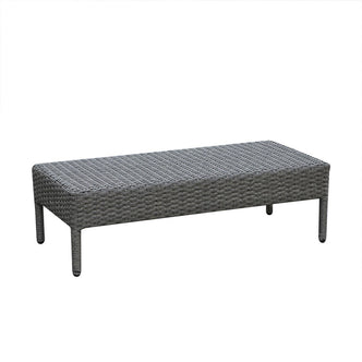 Erith Wicker Outdoor Furniture Day Bed w/ Canopy features a grey wicker design, rectangular shape, and an elegant canopy, creating an inviting outdoor lounge space with a functional coffee table.