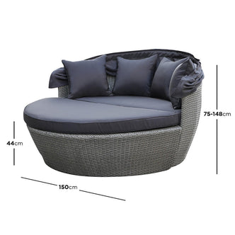 Erith Wicker Outdoor Furniture Day Bed w/ Canopy Brown/Black, featuring a close-up of plush cushions on a couch, showcasing wicker craftsmanship and a sleek armrest design, ideal for outdoor relaxation.