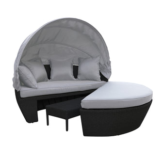 Erith Wicker Outdoor Furniture Day Bed w/ Canopy Light Grey/Black showing a luxurious, spacious wicker day bed with a canopy and cushioned seating, perfect for outdoor relaxation and comfort.