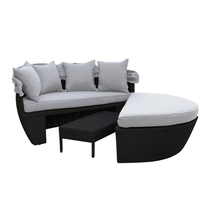 Close-up of Erith Wicker Outdoor Furniture Day Bed w/ Canopy, showcasing the luxurious design and soft cushions on a sturdy wicker frame, ideal for outdoor relaxation and entertainment.