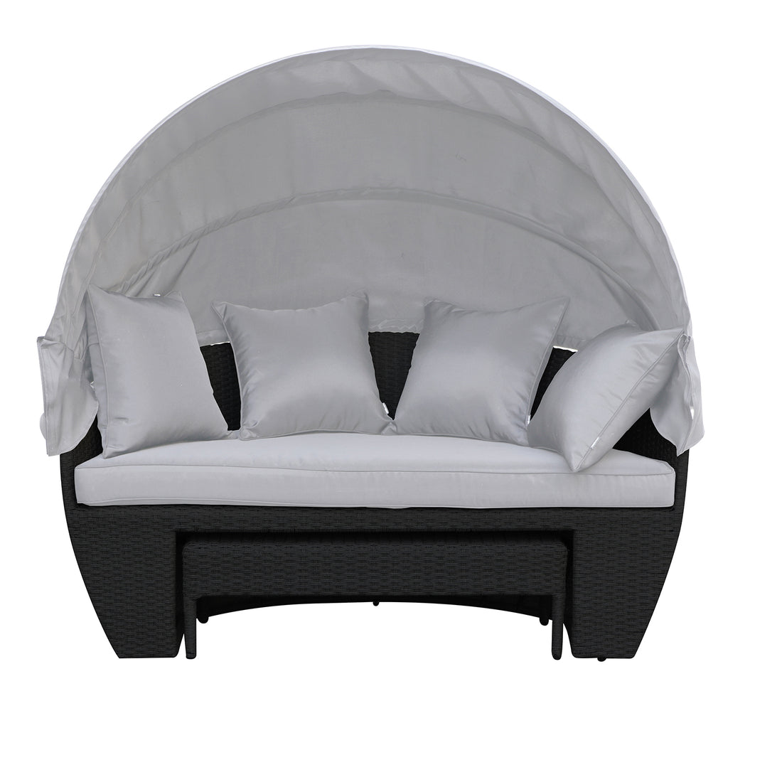 Erith Wicker Outdoor Furniture Day Bed w/ Canopy showcases a plush white pillow on its surface, highlighting comfort and luxury. The day bed is designed for outdoor relaxation and entertaining.