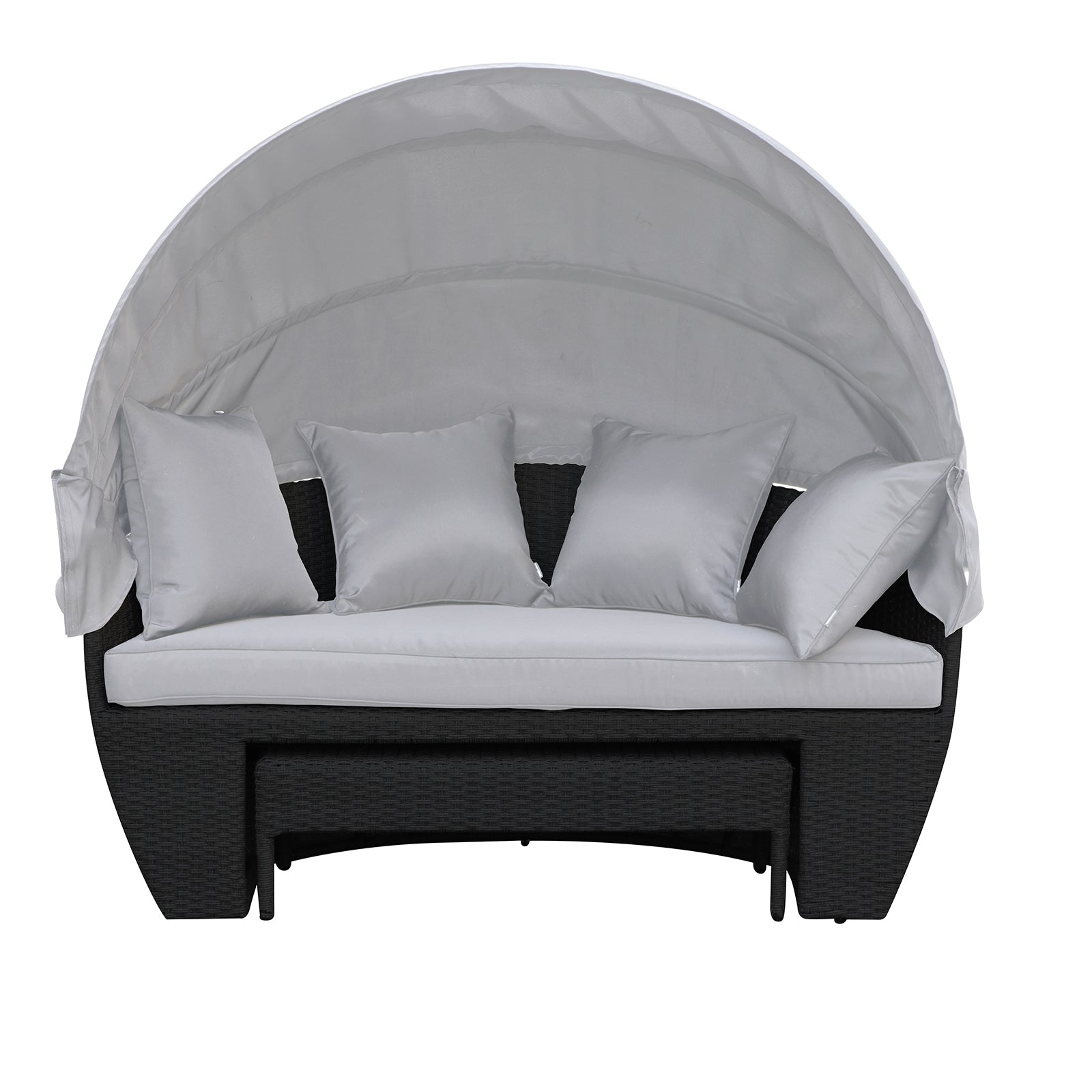 Erith Wicker Outdoor Furniture Day Bed w/ Canopy showcases a plush white pillow on its surface, highlighting comfort and luxury. The day bed is designed for outdoor relaxation and entertaining.
