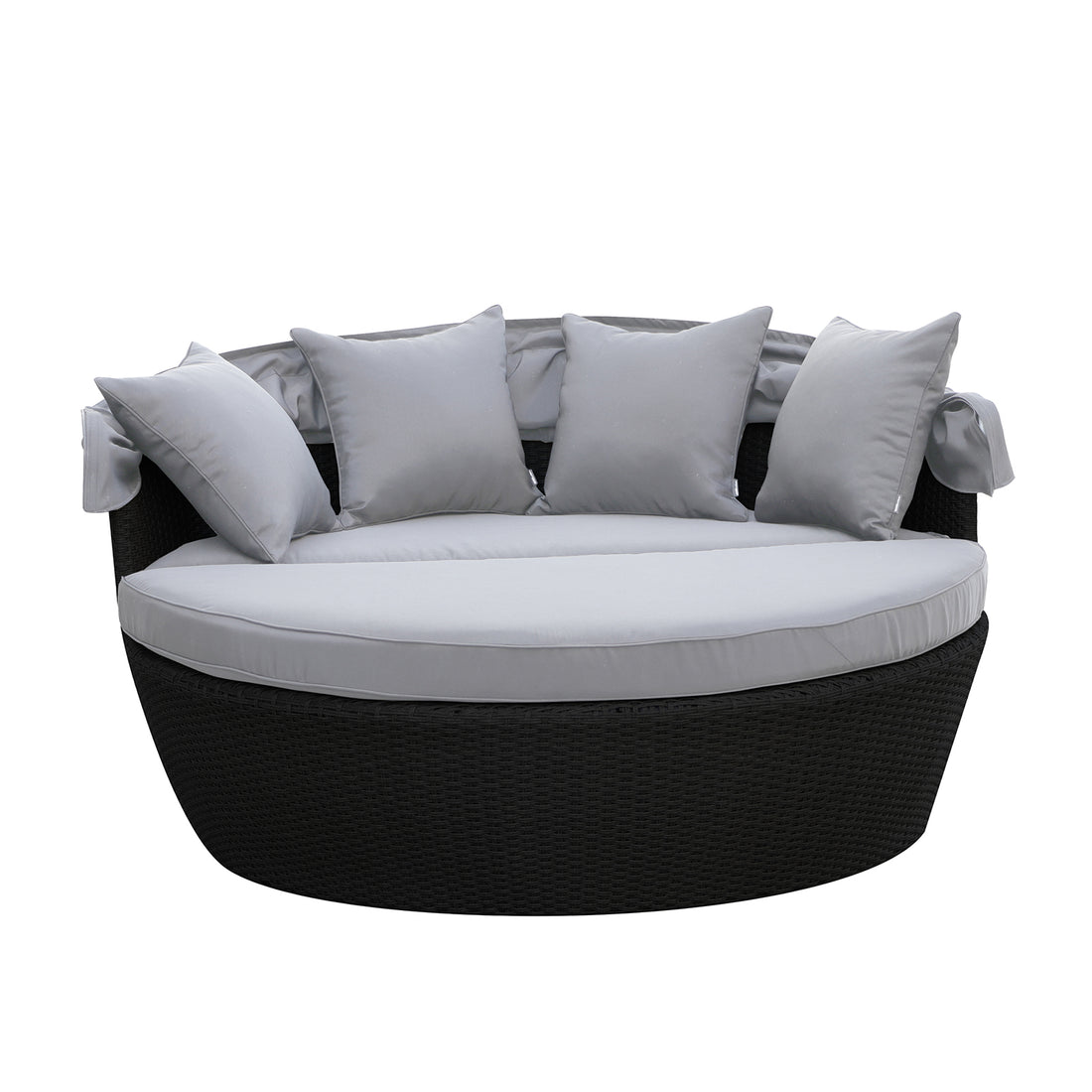 Close-up of Erith Wicker Outdoor Furniture Day Bed w/ Canopy, showcasing its plush cushions and sturdy wicker construction, ideal for outdoor relaxation and comfort.