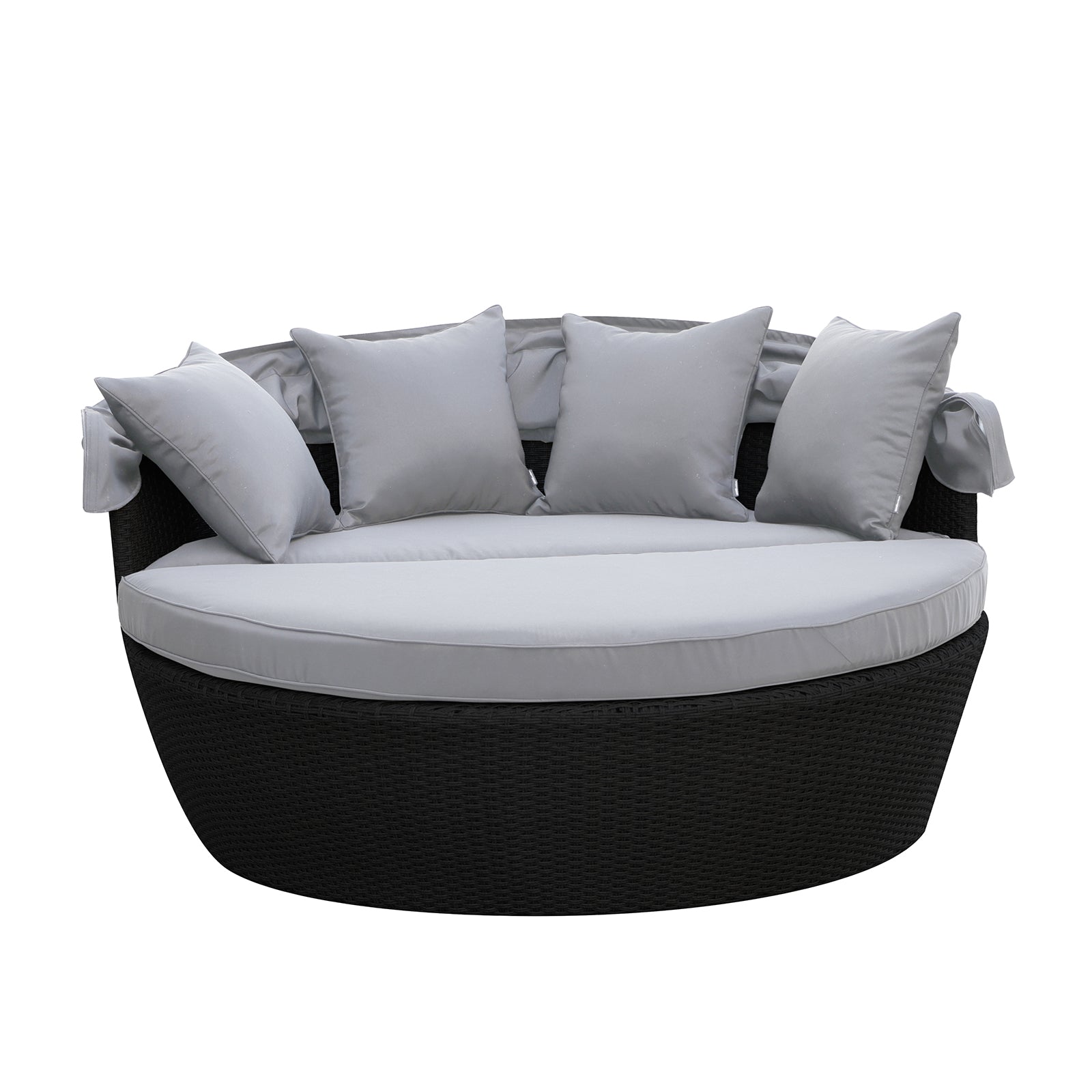 Close-up of Erith Wicker Outdoor Furniture Day Bed w/ Canopy, showcasing its plush cushions and sturdy wicker construction, ideal for outdoor relaxation and comfort.