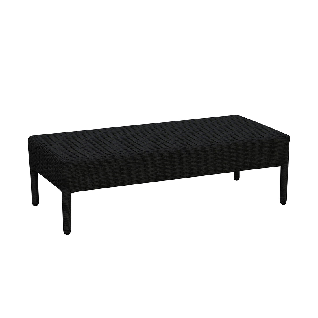 Erith Wicker Outdoor Furniture Day Bed w/ Canopy features a sleek black rectangular design with sturdy legs, perfect for outdoor relaxation. The close-up highlights its sophisticated detailing and durable construction.