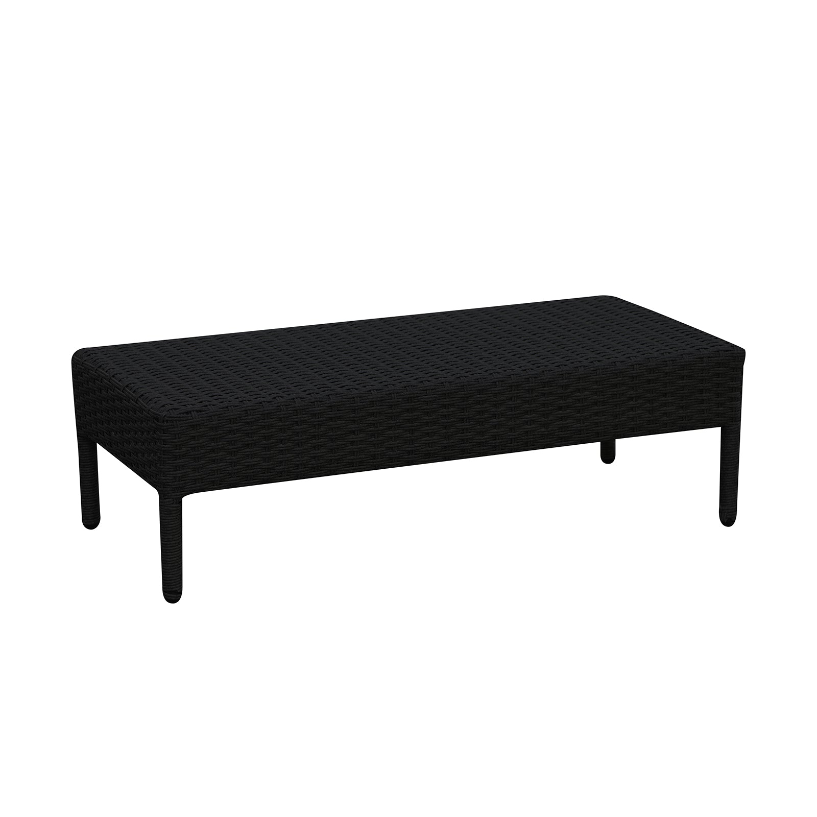 Erith Wicker Outdoor Furniture Day Bed w/ Canopy features a sleek black rectangular design with sturdy legs, perfect for outdoor relaxation. The close-up highlights its sophisticated detailing and durable construction.