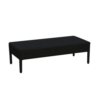 Erith Wicker Outdoor Furniture Day Bed w/ Canopy features a sleek black rectangular design with sturdy legs, perfect for outdoor relaxation. The close-up highlights its sophisticated detailing and durable construction.