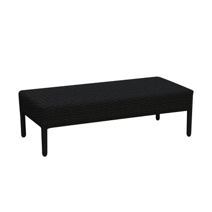Erith Wicker Outdoor Furniture Day Bed w/ Canopy features a sleek black rectangular design with sturdy legs, perfect for outdoor relaxation. The close-up highlights its sophisticated detailing and durable construction.