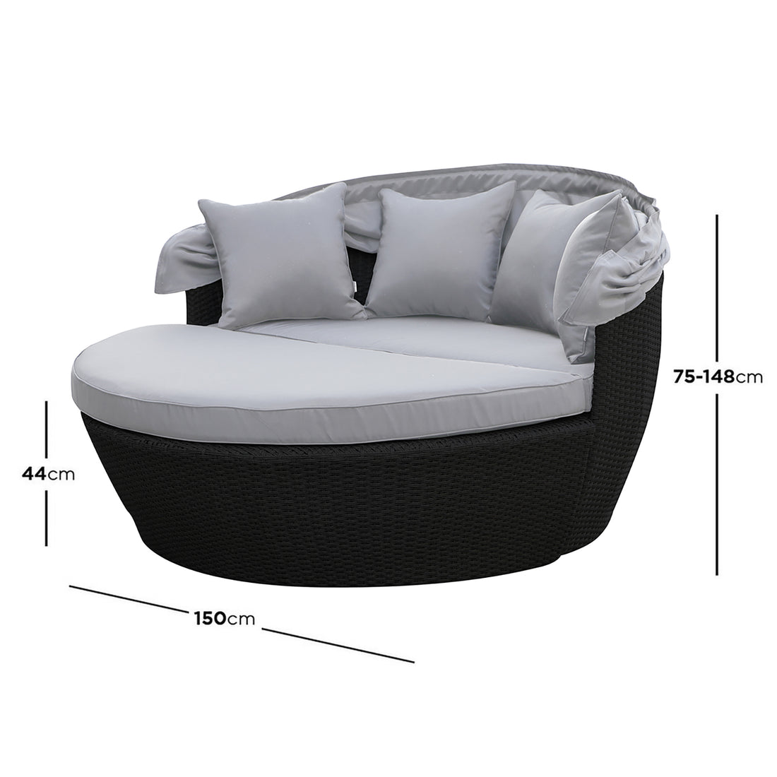 Erith Wicker Outdoor Furniture Day Bed w/ Canopy features a luxurious wicker design, padded cushions, and a protective canopy, ideal for outdoor relaxation, complete with an accompanying coffee table.