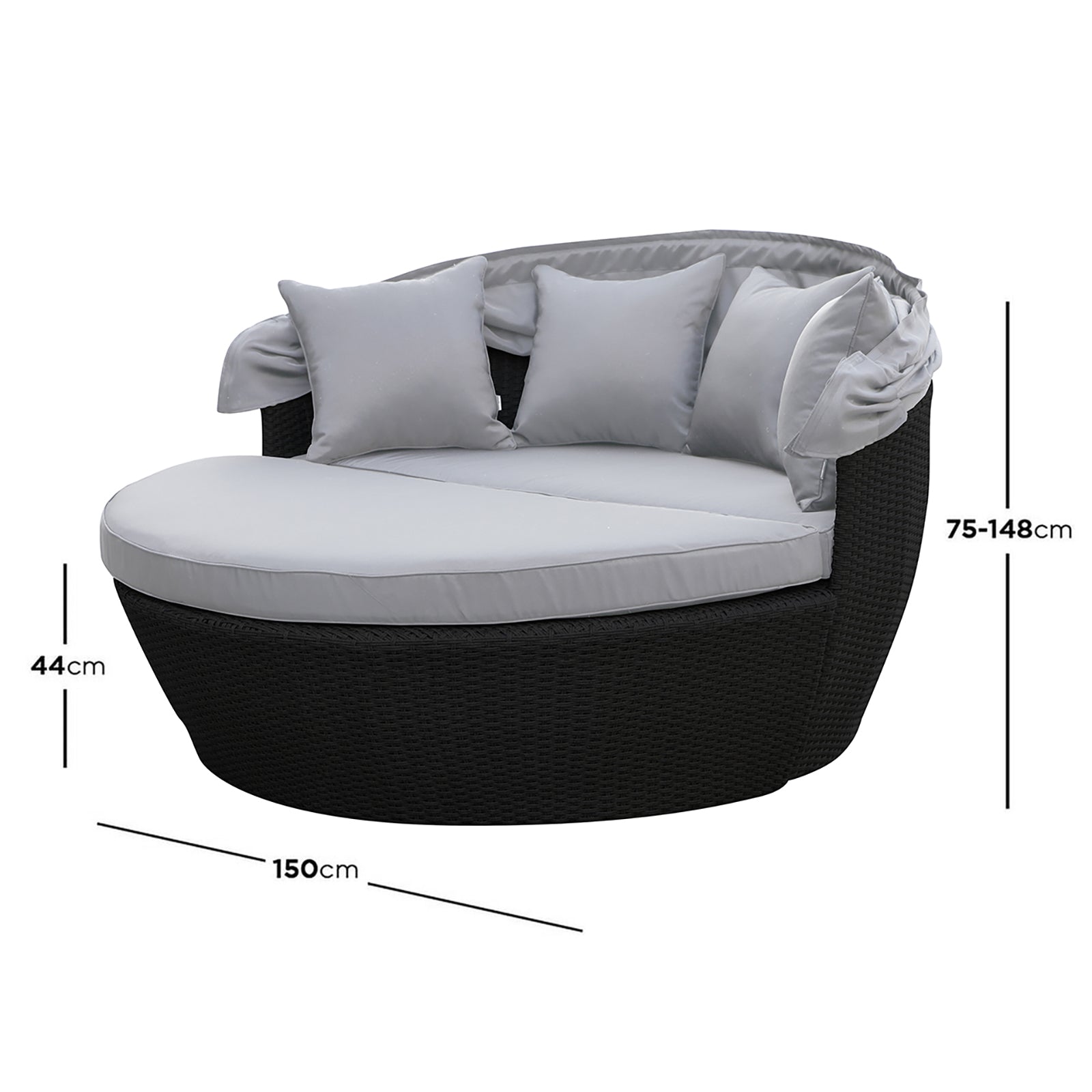 Erith Wicker Outdoor Furniture Day Bed w/ Canopy features a luxurious wicker design, padded cushions, and a protective canopy, ideal for outdoor relaxation, complete with an accompanying coffee table.