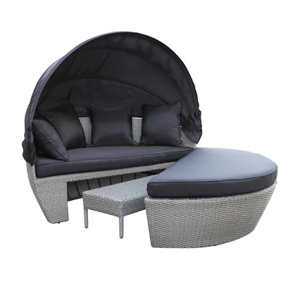 Erith Wicker Outdoor Furniture Day Bed w/ Canopy Grey/Charcoal, featuring a spacious, sturdy wicker design with a canopy and cushions, ideal for outdoor lounging and entertaining.