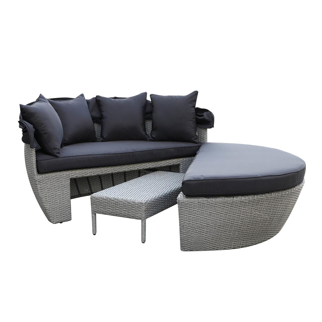 Erith Wicker Outdoor Furniture Day Bed w/ Canopy Grey/Charcoal, showcasing a stylish black pillow on a couch, ideal for outdoor relaxation with its durable wicker design and elegant canopy.