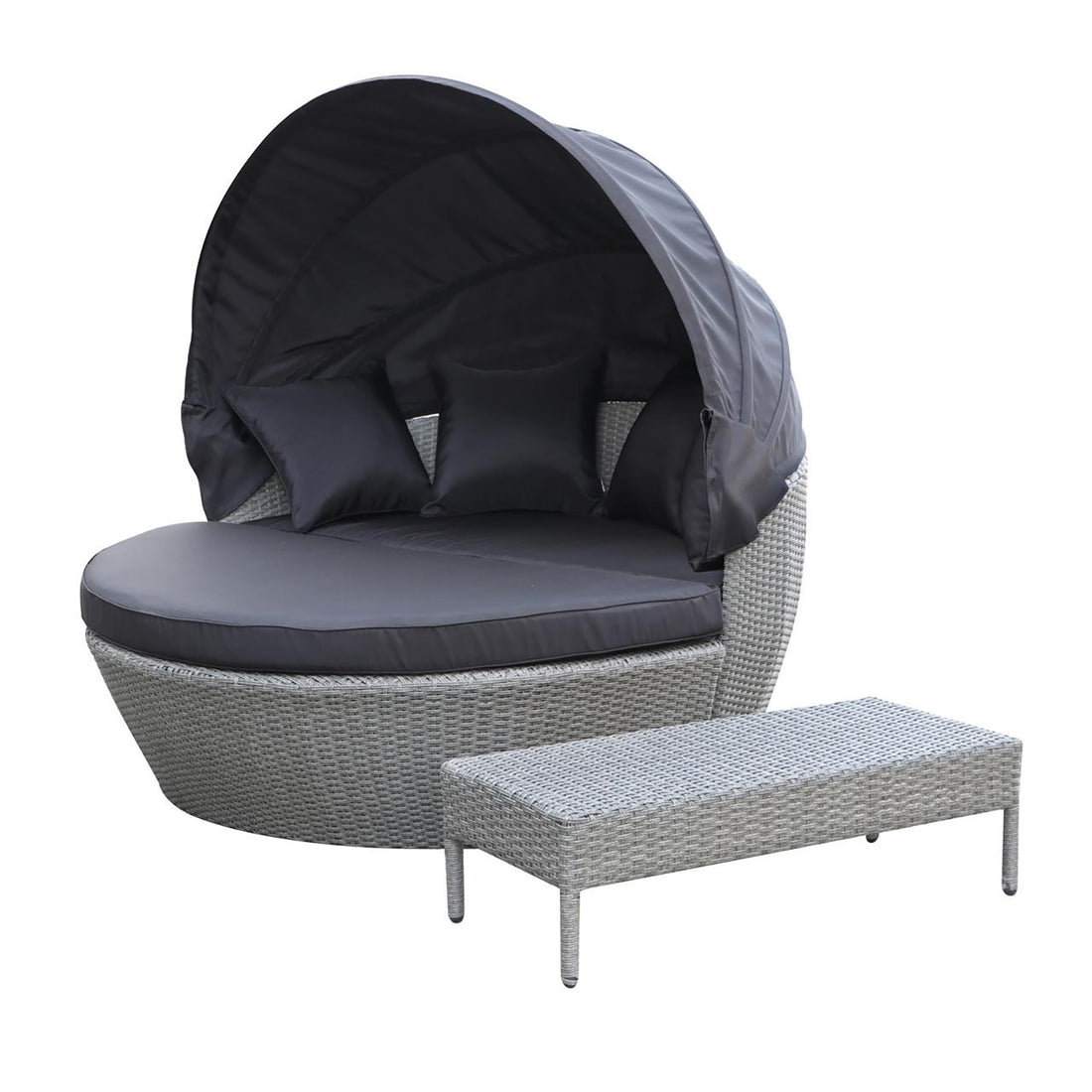 Erith Wicker Outdoor Furniture Day Bed w/ Canopy Grey/Charcoal, featuring a sleek black pillow on a bed with an elegant canopy, designed for ultimate outdoor relaxation and style.