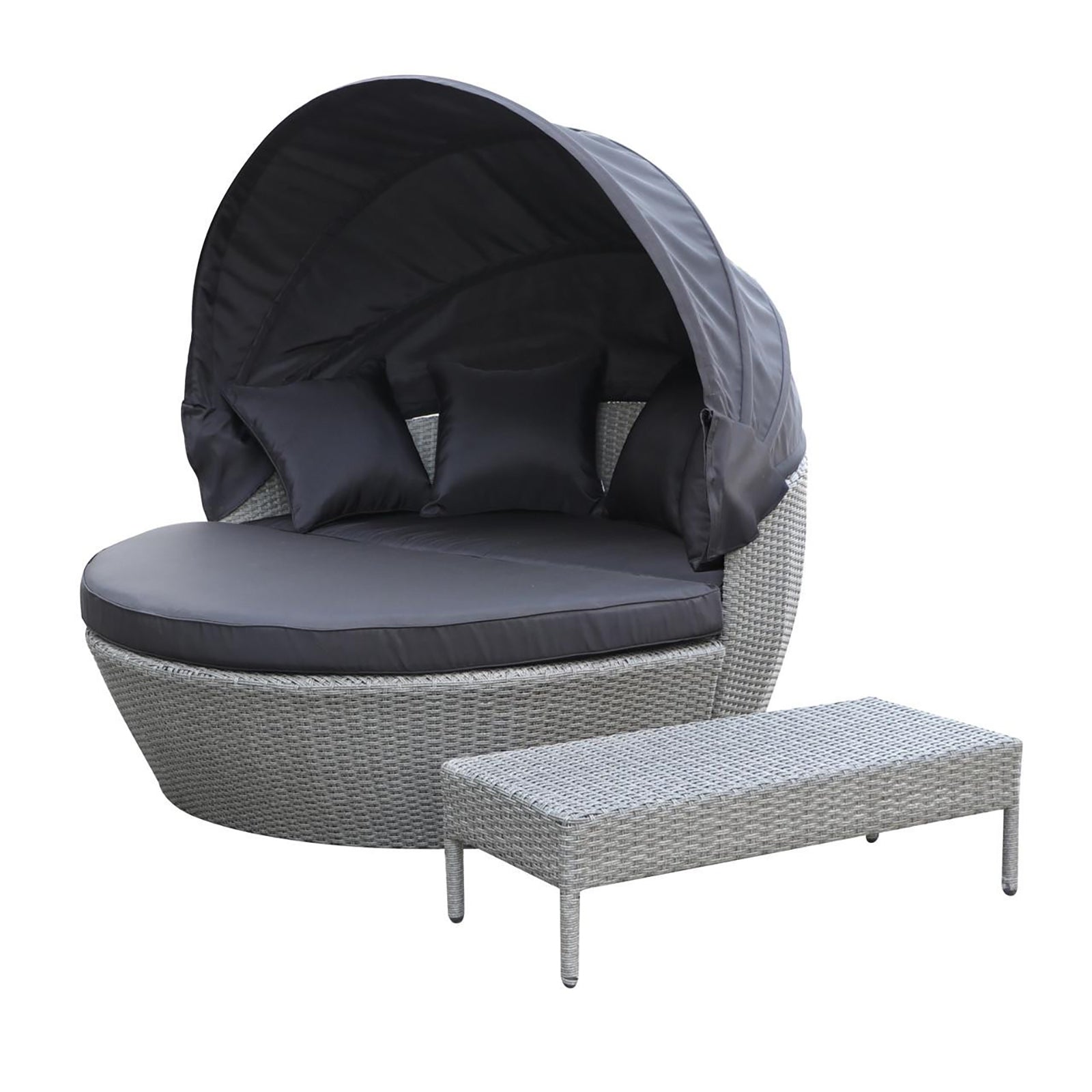 Erith Wicker Outdoor Furniture Day Bed w/ Canopy Grey/Charcoal, featuring a sleek black pillow on a bed with an elegant canopy, designed for ultimate outdoor relaxation and style.