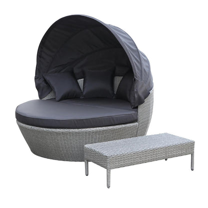 Erith Wicker Outdoor Furniture Day Bed w/ Canopy Grey/Charcoal, featuring a sleek black pillow on a bed with an elegant canopy, designed for ultimate outdoor relaxation and style.