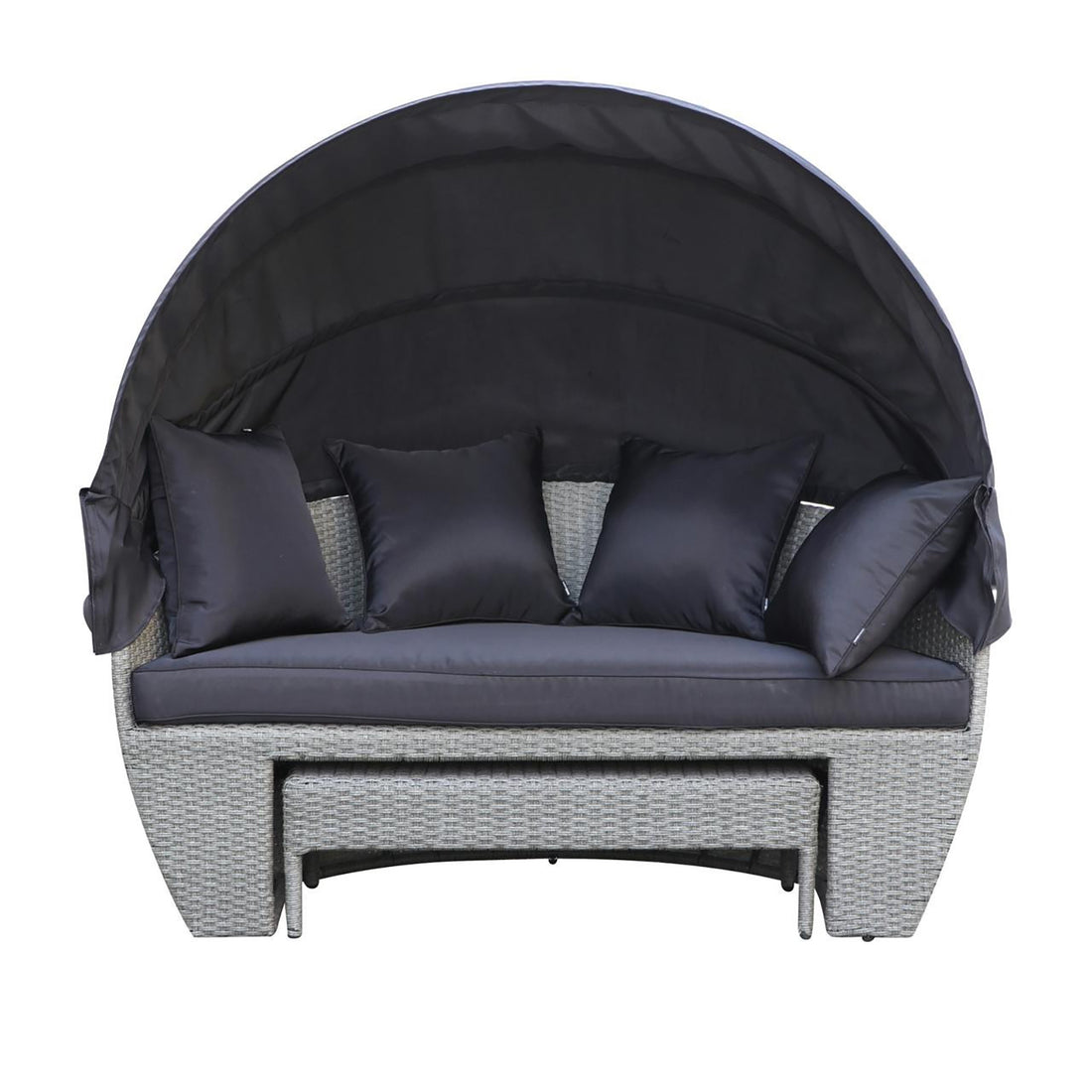 Erith Wicker Outdoor Furniture Day Bed w/ Canopy Grey/Charcoal, showcasing a sleek wicker design on a couch with plush cushions, perfect for outdoor relaxation and entertainment.
