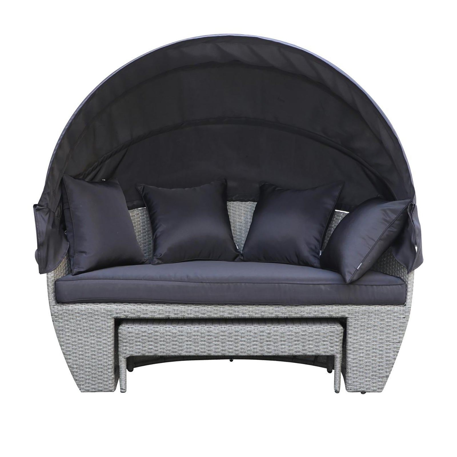 Erith Wicker Outdoor Furniture Day Bed w/ Canopy Grey/Charcoal, showcasing a sleek wicker design on a couch with plush cushions, perfect for outdoor relaxation and entertainment.
