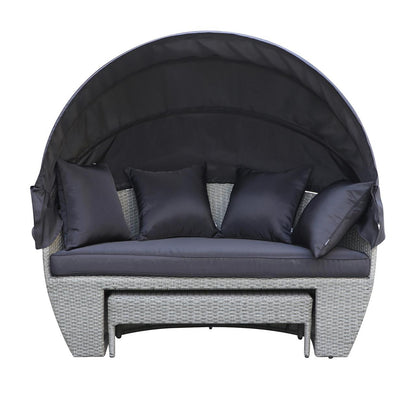 Erith Wicker Outdoor Furniture Day Bed w/ Canopy Grey/Charcoal, showcasing a sleek wicker design on a couch with plush cushions, perfect for outdoor relaxation and entertainment.