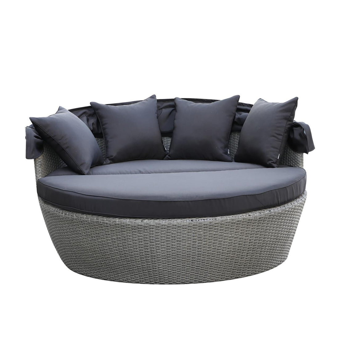 Erith Wicker Outdoor Furniture Day Bed w/ Canopy Grey/Charcoal, featuring a black pillow on a chair, showcasing its luxurious design and comfortable seating perfect for outdoor relaxation and entertainment.
