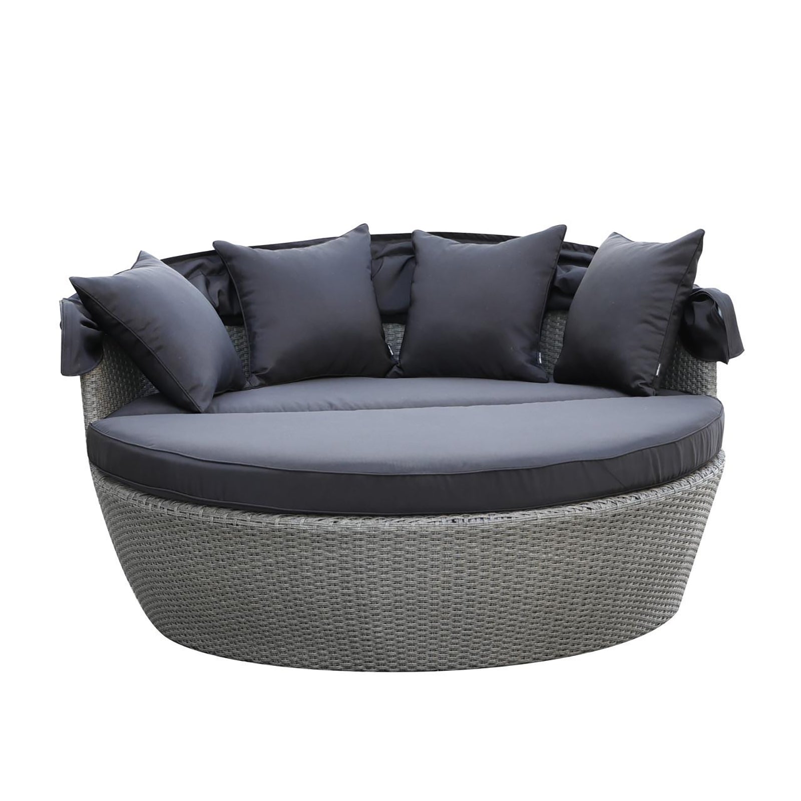 Erith Wicker Outdoor Furniture Day Bed w/ Canopy Grey/Charcoal, featuring a black pillow on a chair, showcasing its luxurious design and comfortable seating perfect for outdoor relaxation and entertainment.