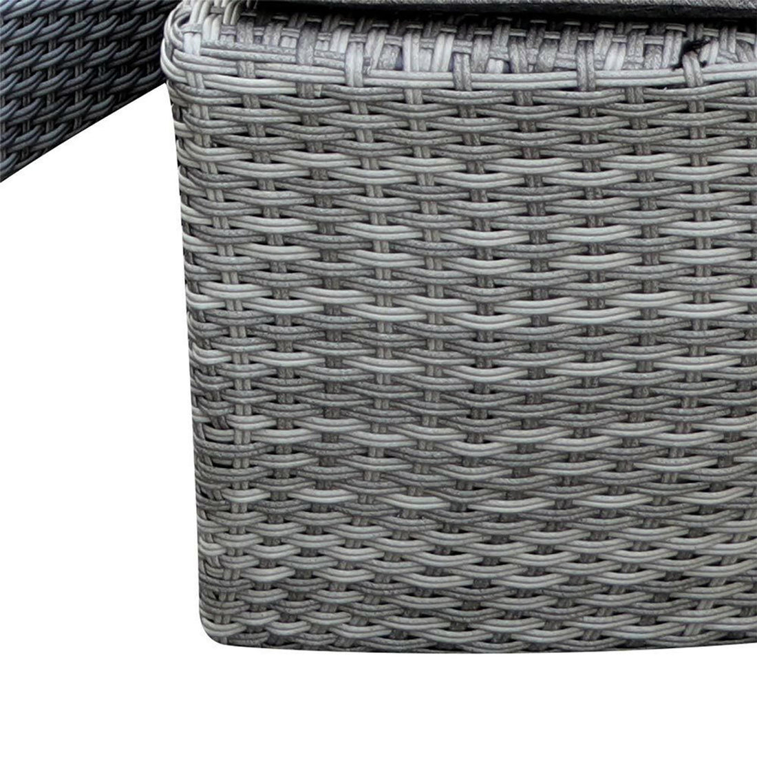 Erith Wicker Outdoor Furniture Day Bed w/ Canopy Grey/Charcoal, featuring a close-up view of its wicker texture, showcasing its sturdy build and intricate weave for outdoor relaxation and comfort.
