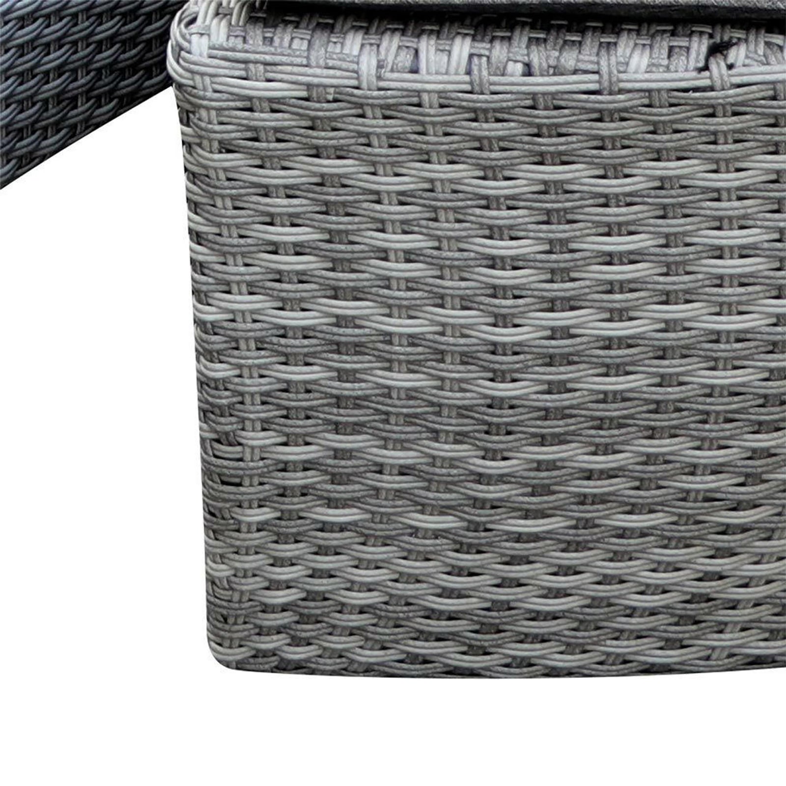 Erith Wicker Outdoor Furniture Day Bed w/ Canopy Grey/Charcoal, featuring a close-up view of its wicker texture, showcasing its sturdy build and intricate weave for outdoor relaxation and comfort.