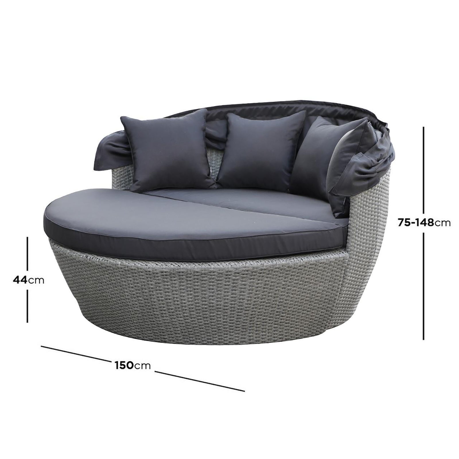 Close-up of the Erith Wicker Outdoor Furniture Day Bed w/ Canopy, showcasing its luxurious wicker design, plush cushions, and elegant canopy for outdoor relaxation. Perfect for sharing with friends and family.