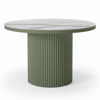 Evone Aluminium Outdoor Dining Table in Green features a round, marble-patterned tabletop and a fluted, cylindrical base, ideal for stylish, low-maintenance outdoor dining.
