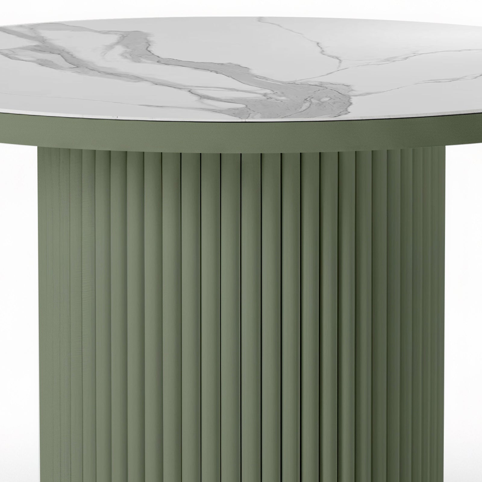 Evone Aluminium Outdoor Dining Table in Green, featuring a round, fluted, cylindrical base with a white, marble-look tabletop showcasing subtle gray veining, designed for outdoor durability and style.
