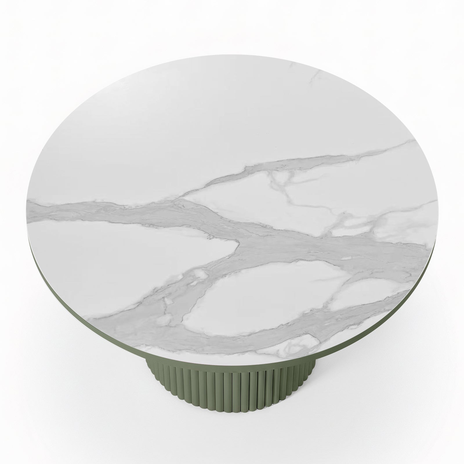 Evone Aluminium Outdoor Dining Table in Green features a round, white-marble-look tabletop with light gray veining, supported by a green, ribbed cylindrical pedestal base, ideal for stylish outdoor dining.
