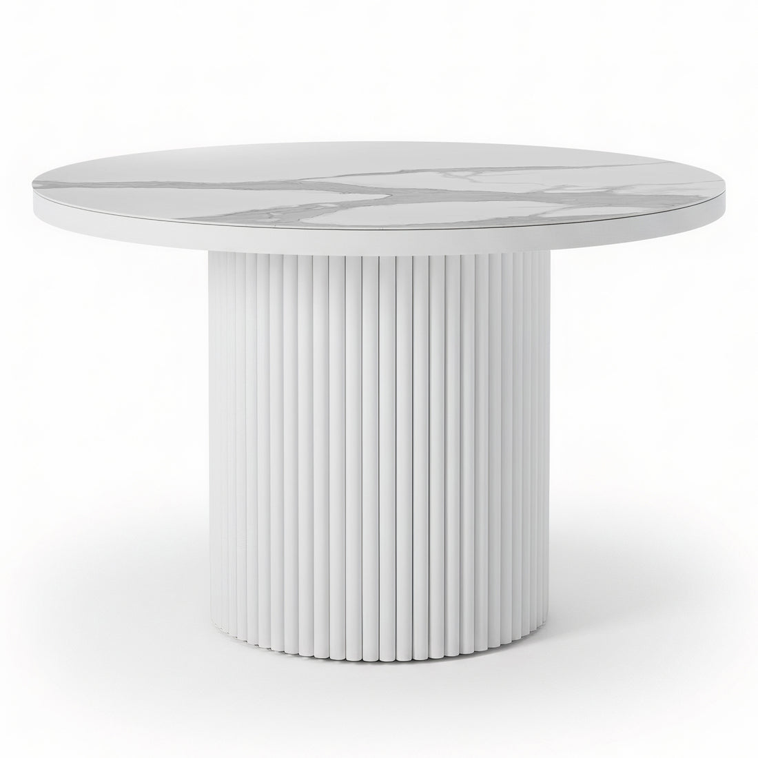 Evone 4 Seater Stone Outdoor Dining Table Set in Natural features a round pedestal table with a white fluted base and a marble-look circular top, perfect for alfresco dining.

