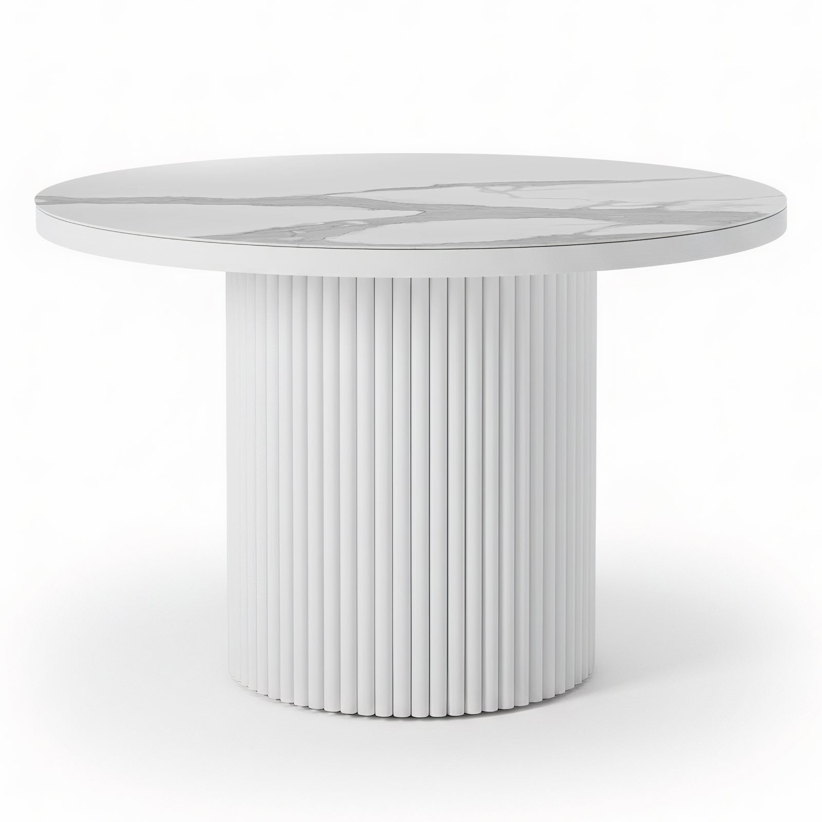 Evone 4 Seater Stone Outdoor Dining Table Set in Natural features a round pedestal table with a white fluted base and a marble-look circular top, perfect for alfresco dining.
