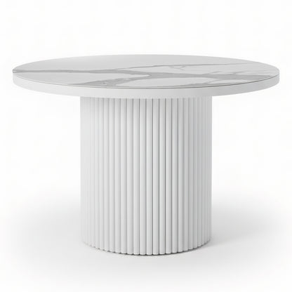 Evone 4 Seater Stone Outdoor Dining Table Set in Natural features a round pedestal table with a white fluted base and a marble-look circular top, perfect for alfresco dining.
