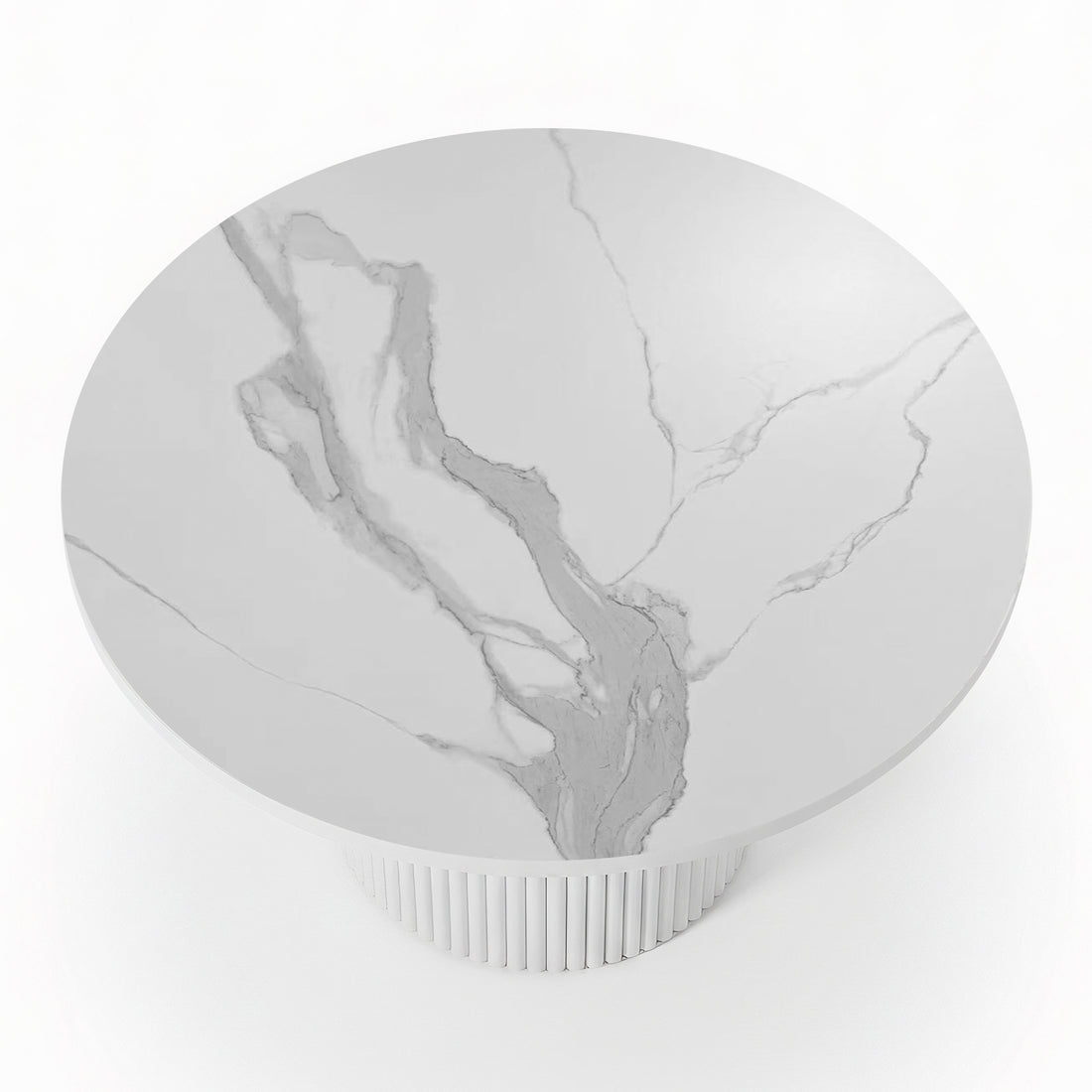 Evone 4 Seater Stone Outdoor Dining Table Set features a round, white marble-patterned tabletop with light gray veining on a fluted pedestal base, perfect for stylish outdoor dining.