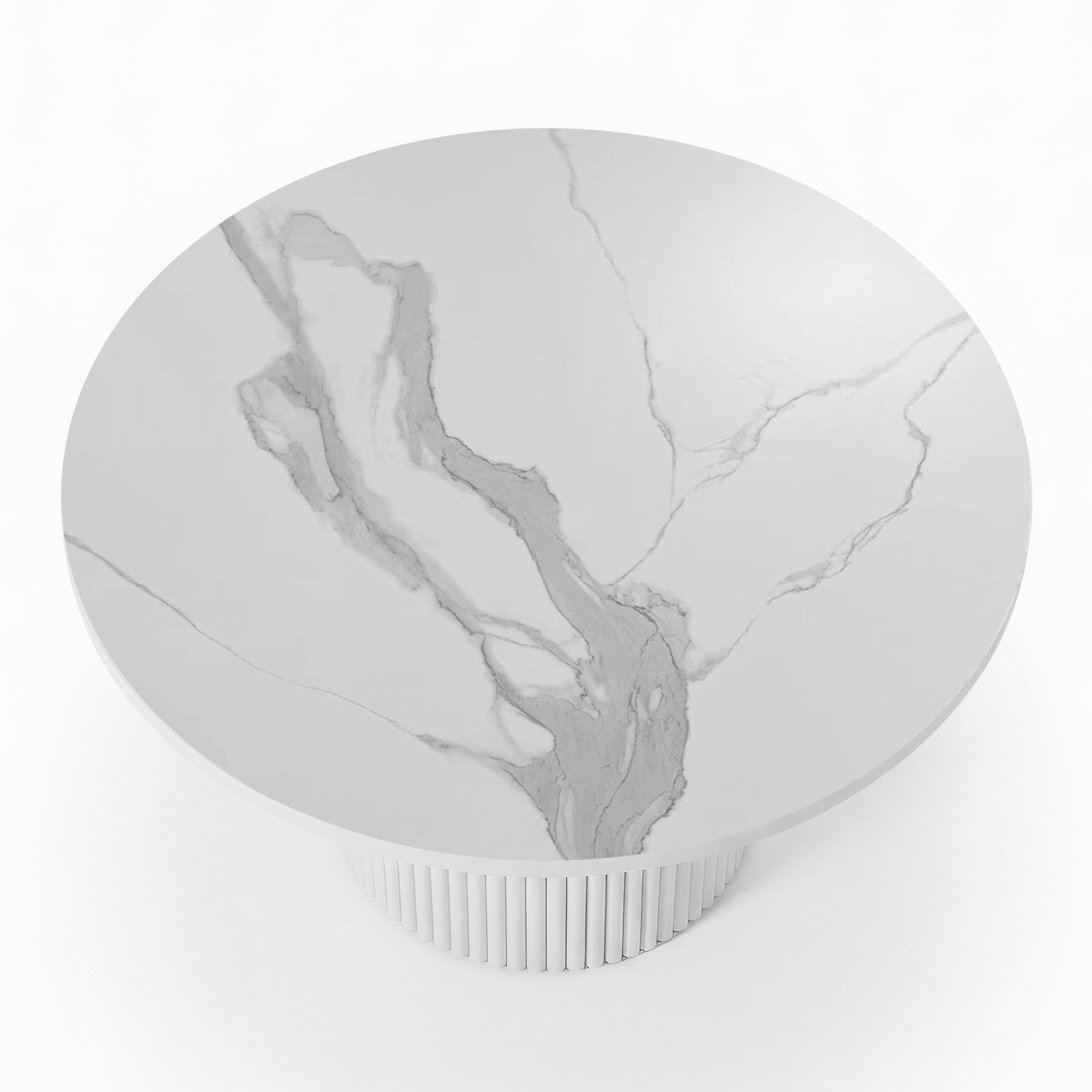 Evone 4 Seater Stone Outdoor Dining Table Set features a round, white marble-patterned tabletop with light gray veining on a fluted pedestal base, perfect for stylish outdoor dining.