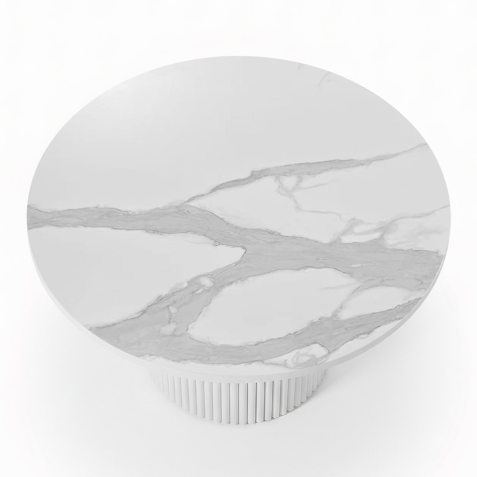 Evone 4 Seater Stone Outdoor Dining Table Set features a round, white marble-patterned tabletop with light gray veining on a fluted pedestal base, perfect for stylish outdoor dining.