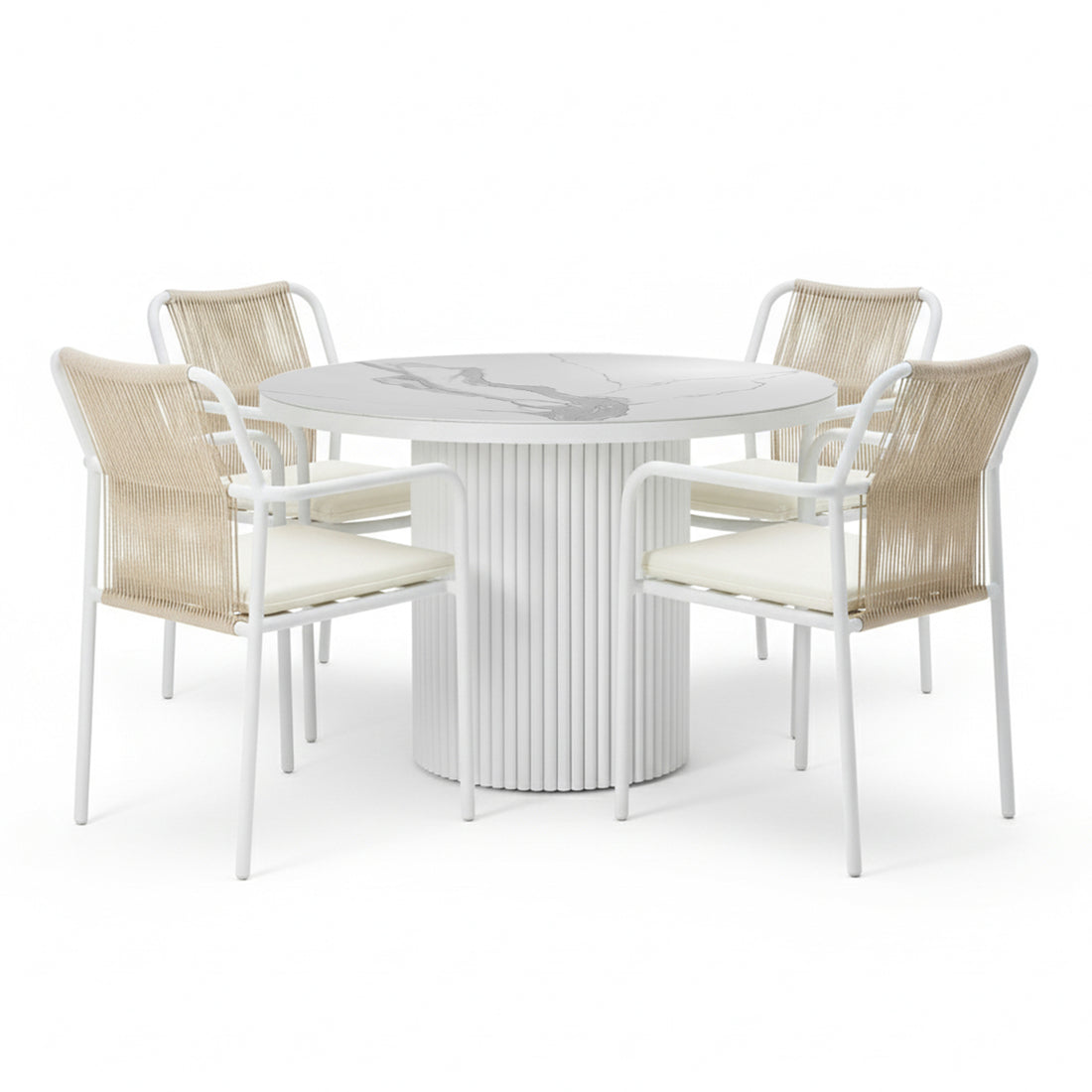 Evone 4 Seater Stone Outdoor Dining Table Set in Natural features a round, marble-look tabletop and four chairs with tan-rope backrests and light cushions, perfect for a modern patio.
