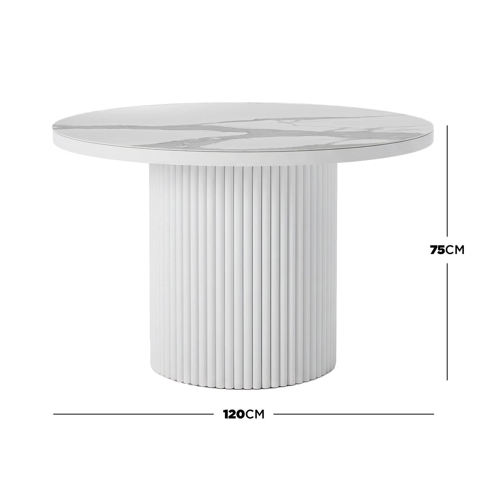 Evone 4 Seater Stone Outdoor Dining Table Set features a round, marble-vein sintered stone top and ribbed cylindrical pedestal base, ideal for alfresco dining with a sleek, modern design.