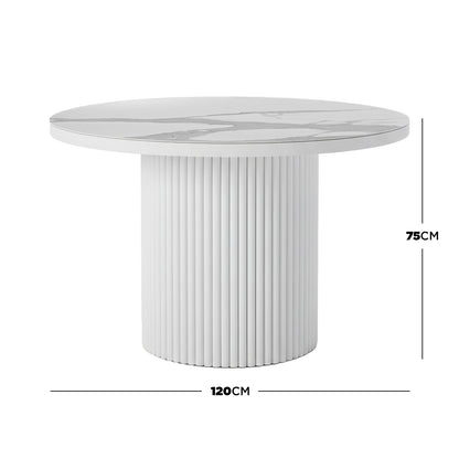 Evone 4 Seater Stone Outdoor Dining Table Set features a round, marble-vein sintered stone top and ribbed cylindrical pedestal base, ideal for alfresco dining with a sleek, modern design.