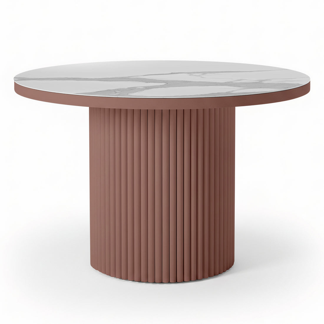 Evone 4 Seater Stone Outdoor Dining Table Set features a round, white marble-look tabletop and a fluted terracotta-brown cylindrical pedestal, perfect for alfresco dining.