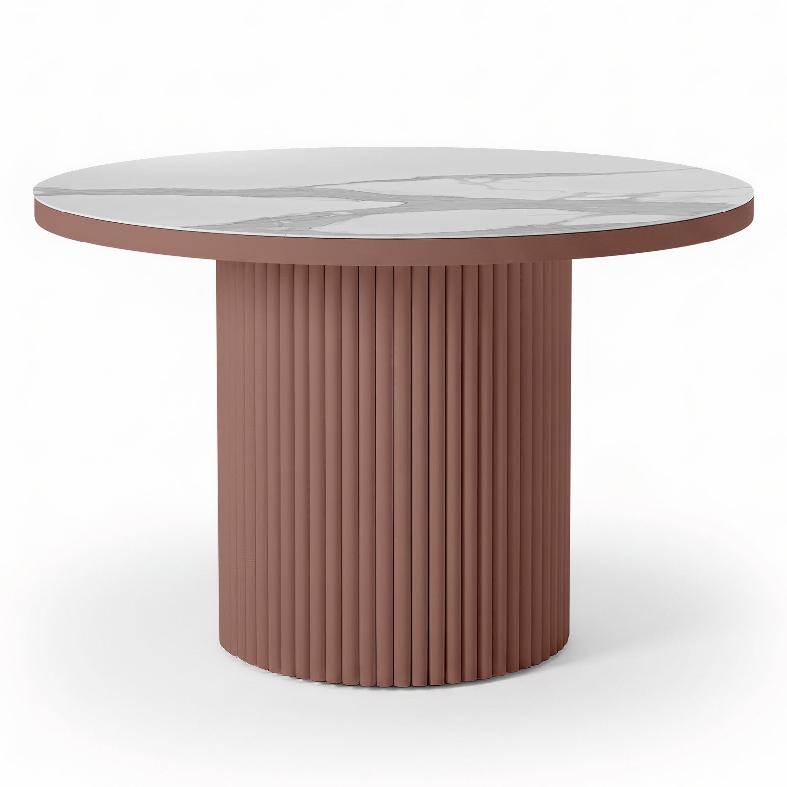 Evone 4 Seater Stone Outdoor Dining Table Set features a round, white marble-look tabletop and a fluted terracotta-brown cylindrical pedestal, perfect for alfresco dining.