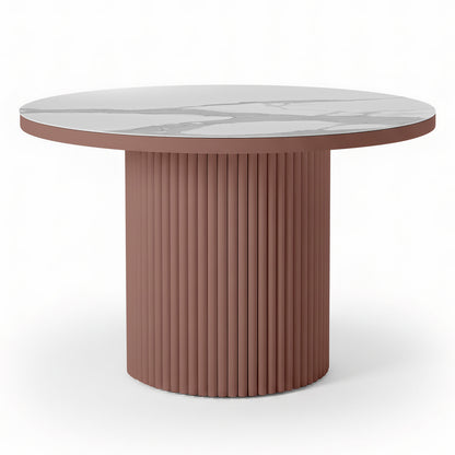 Evone 4 Seater Stone Outdoor Dining Table Set features a round, white marble-look tabletop and a fluted terracotta-brown cylindrical pedestal, perfect for alfresco dining.