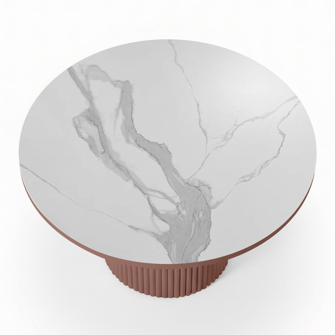 Top view of the Evone 4 Seater Stone Outdoor Dining Table Set in Terracotta, featuring a round marble-look tabletop and a fluted cylindrical base, perfect for stylish outdoor dining.